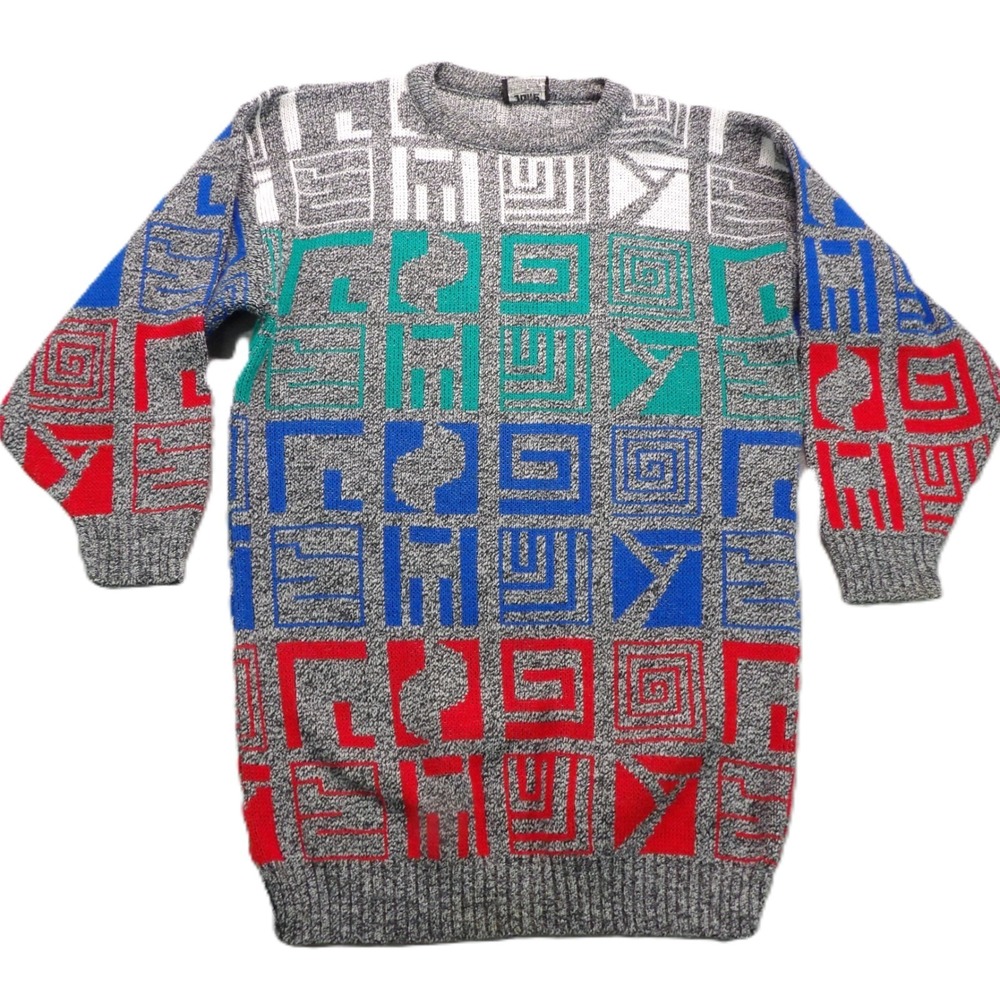 VTG Joanie New York Sweater Unisex M Gray Colorblock Geometric Acrylic USA 90s